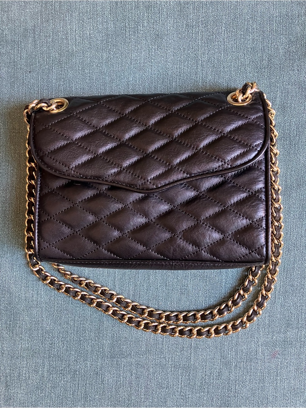 Rebecca Minkoff Quilted Black Leather Crossbody with Gold Chain